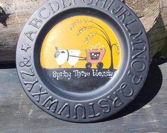 Hand Painted Primitive House Metal Plate: Country Home Decor