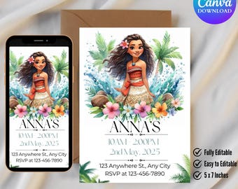 Moana verjaardagsuitnodiging, digitale bewerkbare Hawaiian Moana verjaardagsuitnodiging, uitnodiging kinderthema feest, digitale Moana Beach-sjabloon