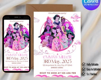 Princess Birthday Invitation Princess Invitation Princess Party Invitation Girl Princess Invitations Gold Pink EDITABLE Instant Digital
