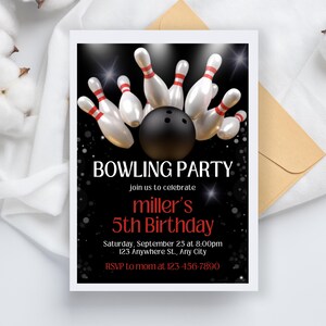 bowling birthday invitation editable template | let&#39;s strike up some fun bowling party invitation | rainbow neon glow girls birthday invite