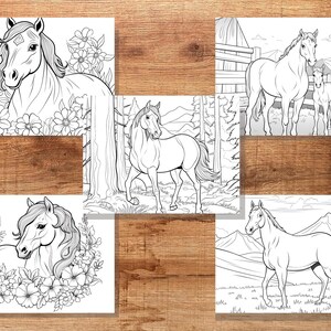 May include: A collection of black and white horse coloring pages. The images depict horses in various settings, including fields of flowers, forests, and landscapes. Each page features detailed line art suitable for coloring.