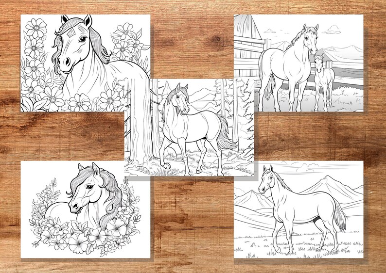 May include: A collection of black and white horse coloring pages. The images depict horses in various settings, including fields of flowers, forests, and landscapes. Each page features detailed line art suitable for coloring.