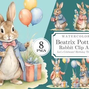 8 Geburtstags-Kaninchen im Beatrix Potter Stil ClipArts (PNG) - Baby-Kinderzimmer, Peter Rabbit, transparent, alles Gute zum Geburtstag, sofortiger digitaler Download