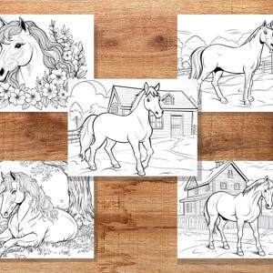 May include: Five black and white horse illustrations on a wooden background. The images depict horses in various settings, including a portrait with flowers, standing near a house, and resting in a field. The drawings are suitable for coloring.