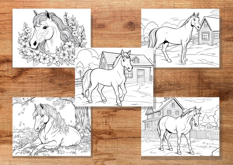 May include: Five black and white horse illustrations on a wooden background. The images depict horses in various settings, including a portrait with flowers, standing near a house, and resting in a field. The drawings are suitable for coloring.