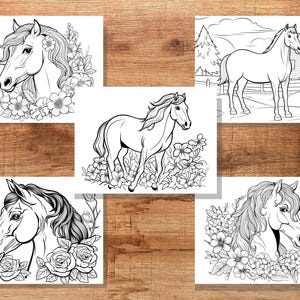 May include: Collection of five black and white horse illustrations. Each image features a horse in various poses, some surrounded by flowers. The drawings are detailed and suitable for coloring or artistic projects.