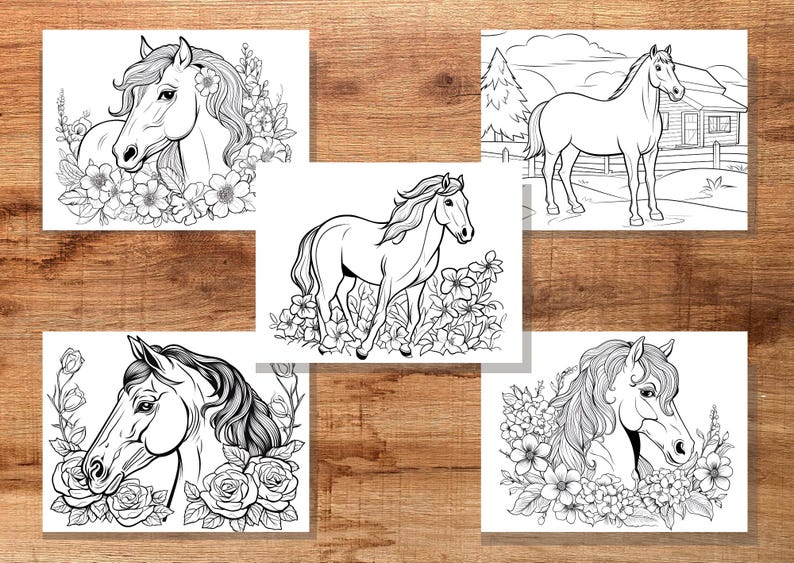 May include: Collection of five black and white horse illustrations. Each image features a horse in various poses, some surrounded by flowers. The drawings are detailed and suitable for coloring or artistic projects.