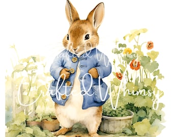 5 Peter Rabbit Watercolor Clipart, Beatrix Potter Art (Digital Download)
