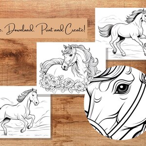 May include: A collection of printable horse-themed art prints in black and white. The images include a running horse, a horse's head, and a horse with roses. The text "Purchase. Download. Print and Create!" is also visible.