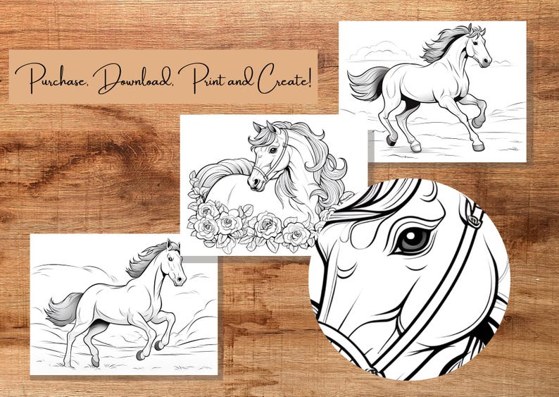 May include: A collection of printable horse-themed art prints in black and white. The images include a running horse, a horse's head, and a horse with roses. The text "Purchase. Download. Print and Create!" is also visible.