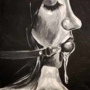 Black and White Acrylic Painting: Sub with Ball Gag (24x24)