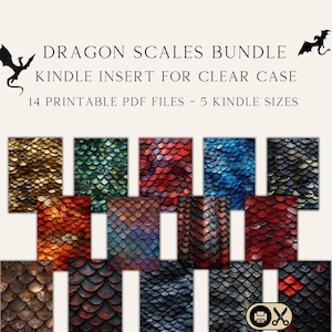 May include: A digital download of 14 printable PDF files featuring dragon scale patterns in various colors, including gold, green, red, blue, and black. The patterns are designed to be used as Kindle inserts for clear cases, and are available in 5 Kindle sizes.