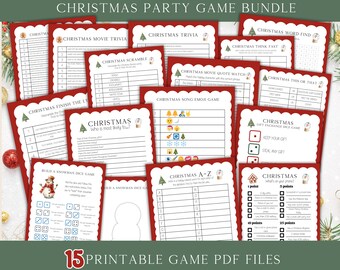 May include: A collection of 15 printable Christmas party game PDF files. The games include trivia, word finds, and emoji games, all with a festive red and white design. The text "CHRISTMAS PARTY GAME BUNDLE" is at the top.