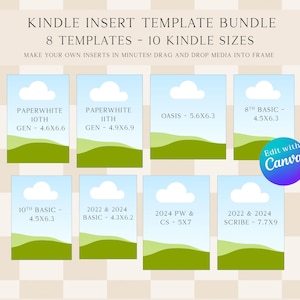 Könnte beinhalten: Ein digitaler Download von acht Kindle-Insert-Vorlagen in zehn verschiedenen Größen. Die Vorlagen zeigen ein Wolken- und Grünflächen-Design. Der Text auf den Vorlagen enthält das Kindle-Modell und die Abmessungen. Der Text "Edit with Canva" ist ebenfalls enthalten.
