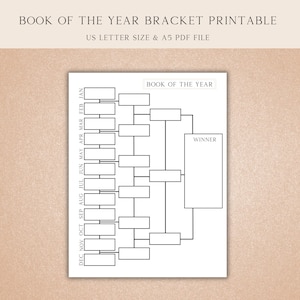 Op de afbeelding: Een afdrukbare bracket voor de "Boek van het Jaar" competitie. Het ontwerp bevat een bracket met ruimte voor boektitels en een "Winnaar" sectie. Tekst bovenaan luidt "Book of the Year Bracket Printable" en "US Letter Size & A5 PDF File".