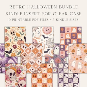 May include: A collection of ten printable PDF files for Kindle inserts, featuring retro Halloween designs. The designs include skulls, pumpkins, ghosts, bats, and floral patterns in orange, purple, and white. Text on the image reads: RETRO HALLOWEEN BUNDLE KINDLE INSERT FOR CLEAR CASE 10 PRINTABLE PDF FILES - 5 KINDLE SIZES.