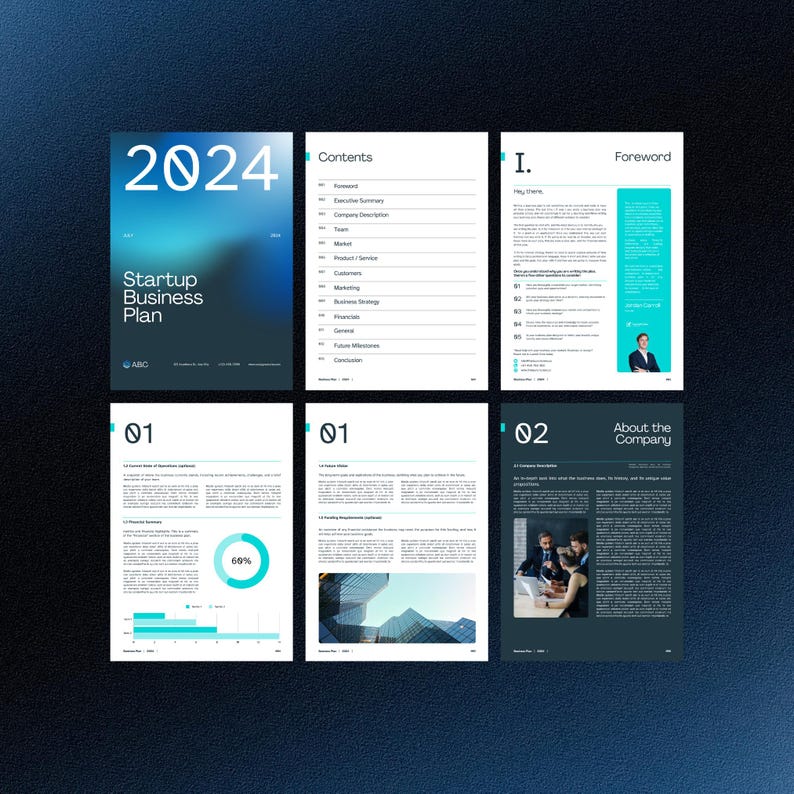 Może przedstawiać: Dokument biznesplanu w kolorze niebieskim i białym z tytułem "2024 Startup Business Plan" i spisem treści. Dokument zawiera przedmowę, informacje o firmie i inne sekcje.