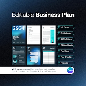 May include: A blue and black business plan template for 2024. The template includes a table of contents, a foreword, a market analysis, a competitive analysis, future milestones, and financial statements. The template is 100% editable and includes free charts, an ebook, and a checklist.