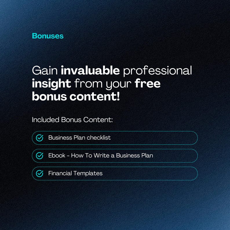 Może przedstawiać: Niebiesko-biała grafika z tekstem "Bonuses" u g&oacute;ry. Tekst "Gain invaluable professional insight from your free bonus content!" jest w większym rozmiarze czcionki. Pod tekstem znajduje się lista trzech element&oacute;w bonusowych: "Business Plan checklist", "Ebook - How To Write a Business Plan" i "Financial Templates".