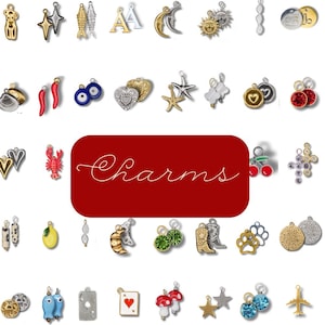 May include: A collection of various charms in gold, silver, and colorful enamel. The charms include a monkey, star, fish, letters, moon, sun, hearts, starfish, lobster, cherries, cross, and more. The word "Charms" is written in cursive on a red background.