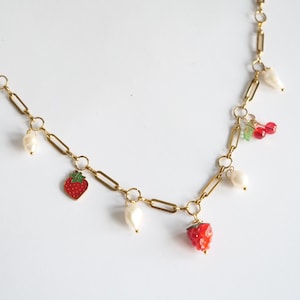 Fruit necklace, trendy fruits charm necklace for summer, holiday necklace, y2k, summer necklace, gift for her, faux pearl, raspberry