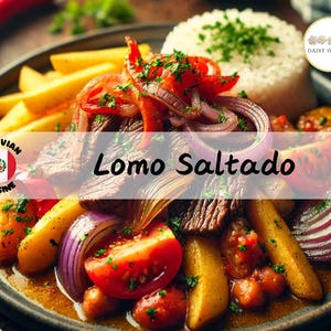 May include: A plate of Lomo Saltado, a Peruvian dish featuring stir-fried beef, onions, tomatoes, and french fries, served with white rice.