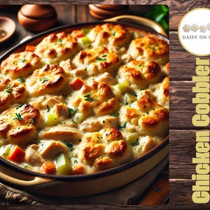 Puede incluir: Un primer plano de una fuente para horno llena de pollo, verduras y bizcochos. El plato está cubierto con una salsa cremosa y hierbas. El plato está etiquetado como "chicken cobbler" y está sobre un fondo de madera.
