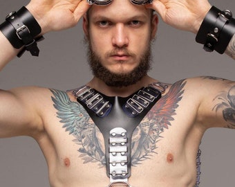 Men's Leather Harness for Cyber Punk Theme Party, Black Leather Chest Harness Kinky Outfit Costume for Men, Fetish Clothes Male Rave Harness