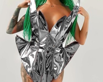 Silver Leather Dress for Performances, Women’s Show Dresses, Drag Queen Costume Dress, Festival Chrome Body Corset Dress