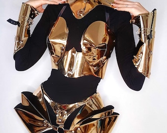 Space-Themed Metallic Outfit for Women – Golden Top Skirt Choker and Bracelets Set for Cosmic Cosplay, Futuristic Costume, Robot Outfit