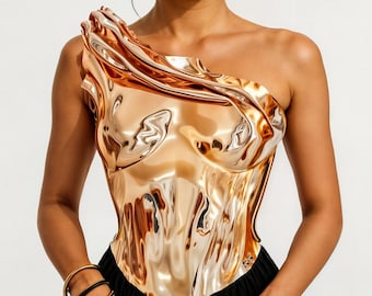 Corsé dorado metálico de lujo, corsé dorado de moda, top ajustado para mujer, top corsé para festivales, top corto de plástico, corsé espejado, vestido corsé