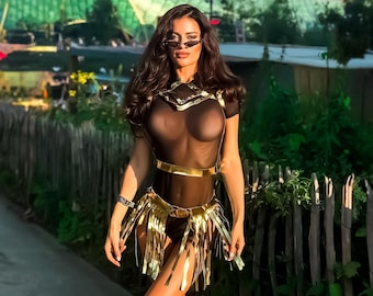 Festival Clothes Set Top & Fringe Skirt - Rave Party Wear, Unique Festival Harness, Golden Carnival Costume Accessories