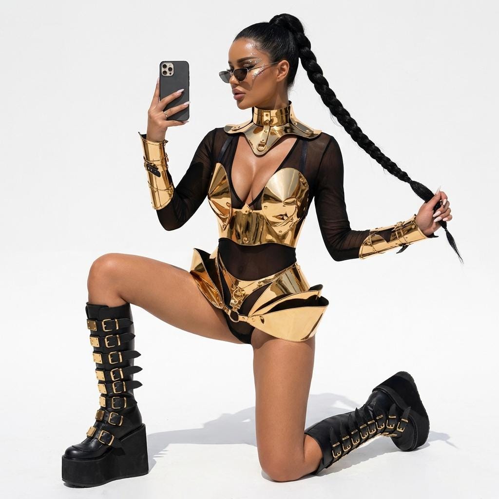 Metallic Gold Costume Set – Armor Top, Open Skirt, Choker & Bracers