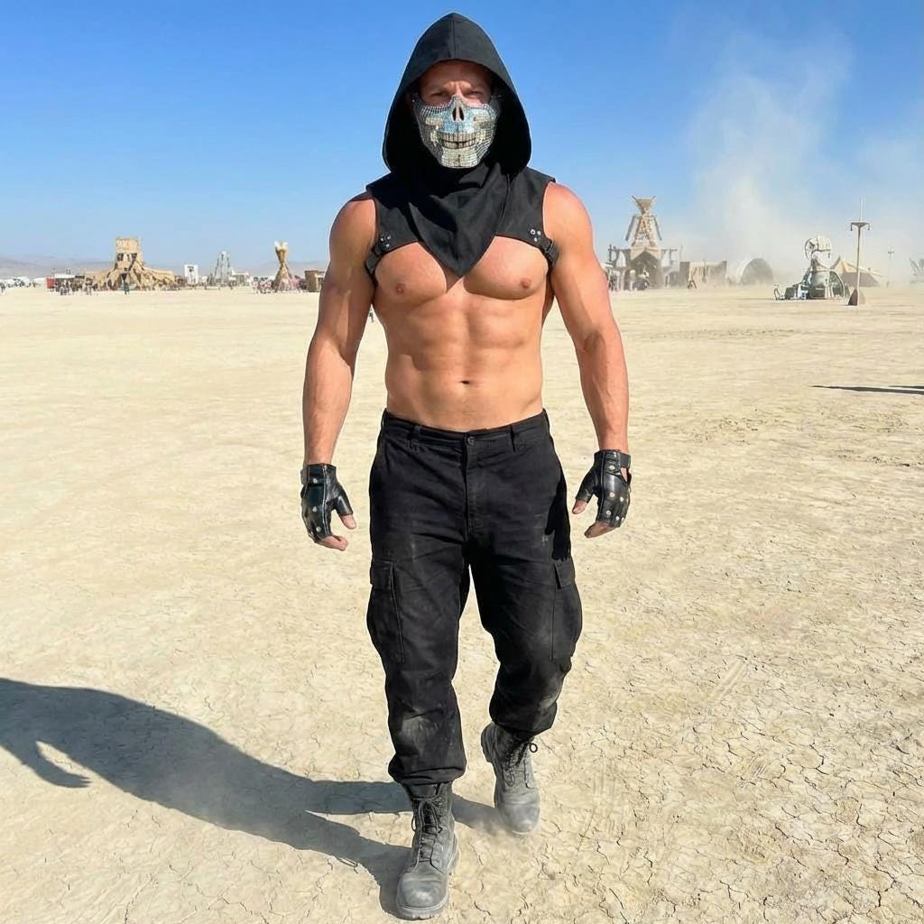 Desert Warrior Men's Costume – Burning Man Gold Armor Outfit, Rave Festival Fashion, Steampunk Leather Shoulders, Futuristic Dune Wear