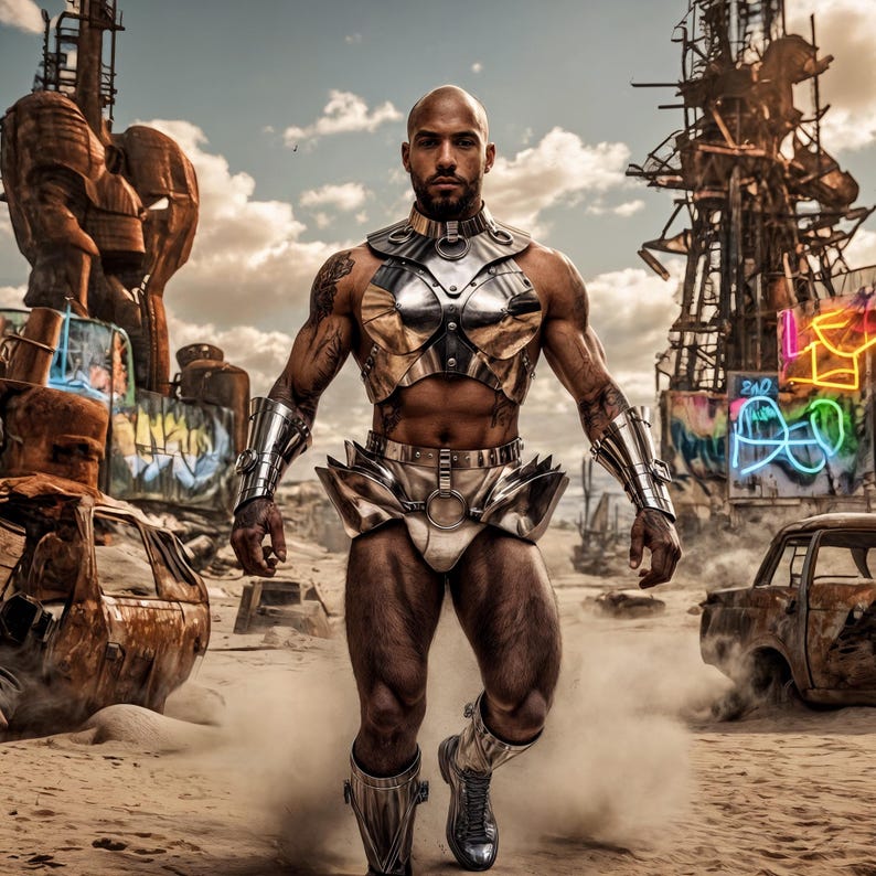 May include: A bald person wearing metallic armor, including a chest plate, arm guards, and leg coverings. The person is standing in a desert-like environment with rusted vehicles and industrial structures in the background. The sky is cloudy.