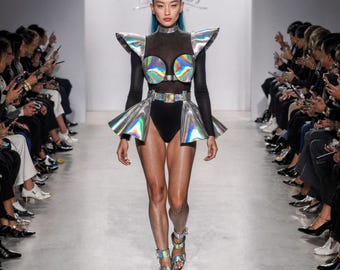 Holografische kostuumset met top en rok, sprankelende rave-outfit, iriserend toneelkostuum, leren feestkleding, showgirlkleding