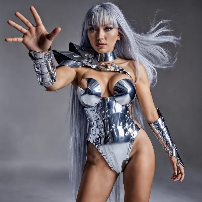 Puede incluir: Un body plateado futurista con armadura a juego para brazos y hombros. El atuendo presenta un dise&ntilde;o de corte alto y un collar de gargantilla. La modelo tiene el pelo largo y plateado y posa con la mano extendida.