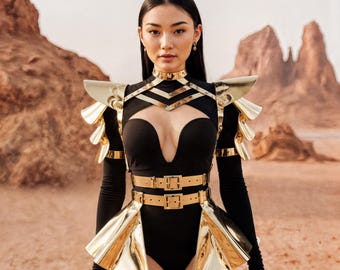 Festival Outfit with Top-Shoulders & Skirt, Gold Metallic Harness, Rave Armor Wear, Burning man Clothing, Unique Festival Accessories