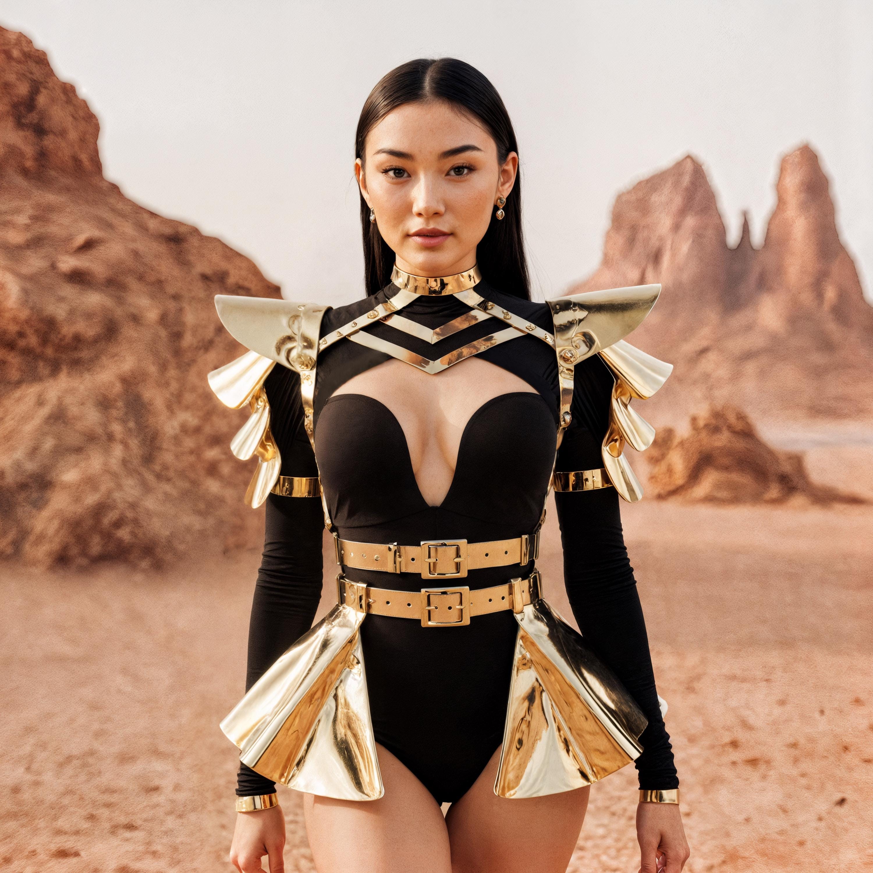 Festival Outfit with Top-Shoulders & Skirt, Gold Metallic Harness, Rave Armor Wear, Burning man Clothing, Unique Festival Accessories