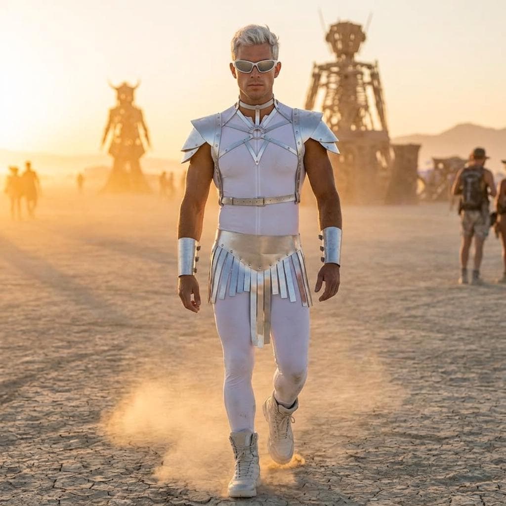 Burning Man Silver Outfit – Cyber Warrior Men's Costume, Rave Festival Fashion, Steampunk Leather Shoulder, Futuristic Dune Wear