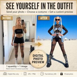 May include: Image advertising a digital photo preview service with the text "SEE YOURSELF IN THE OUTFIT." It offers custom costume previews. The image shows a woman in a black outfit and a woman in a silver outfit, with a before-and-after comparison.