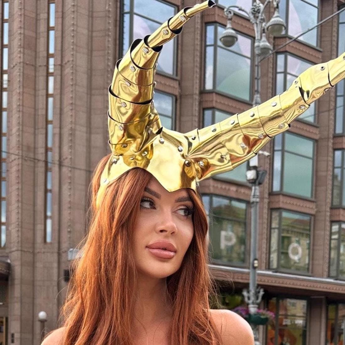 Golden Festival Horns Headpiece - Drag Queen Costume Set, Bodysuit & Helmet with Horns, Metalic Leg Garters, Body Chain Outfit, Burning man