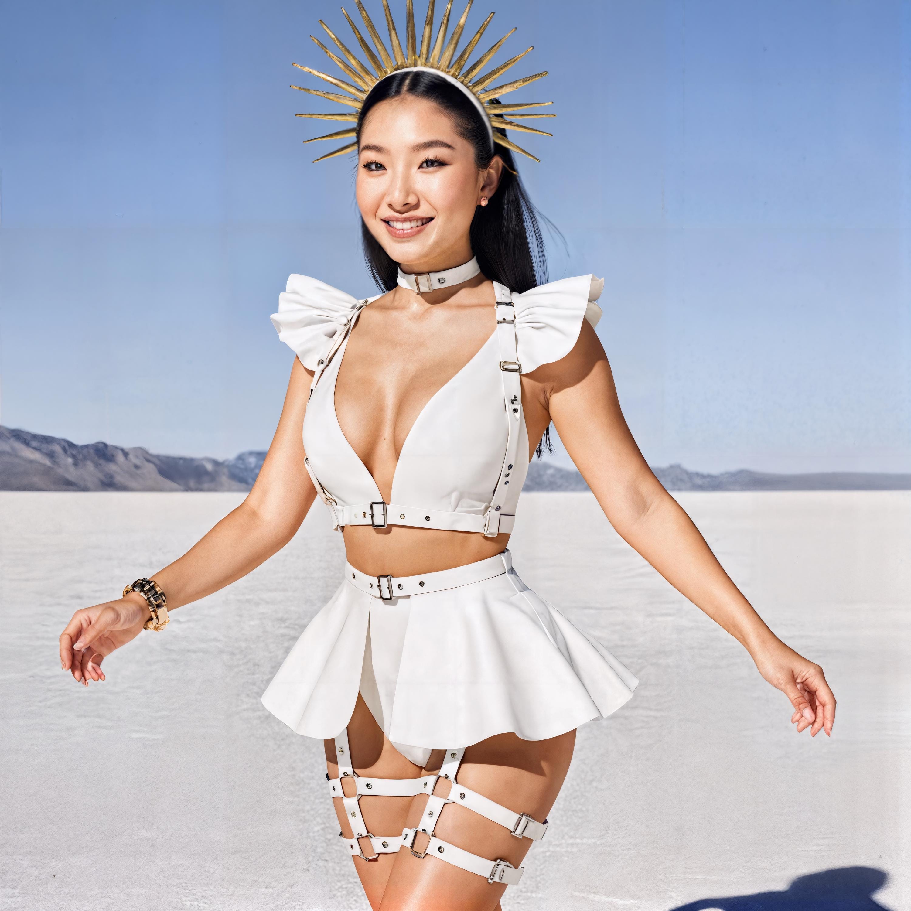 White Festival Outfit, Leather Harness with Shoulders, Leg Garters and Open Skirt, Desert Rave Wea