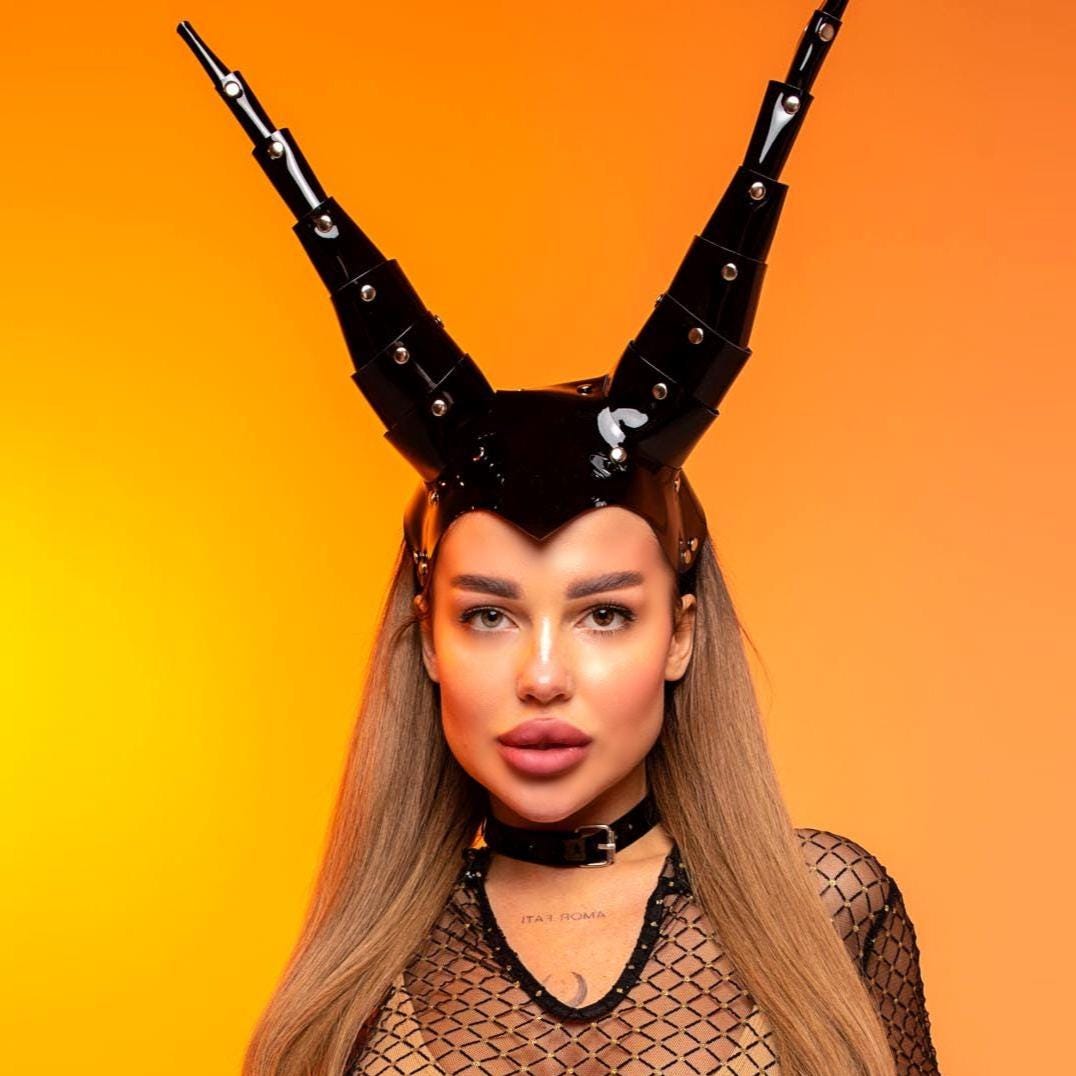 Leather Horns Headpiece for Cosplay - Dark Witch Costume Set, Black Latex Outfit, Halloween Costume, Festival Headdress, Carnival Wear