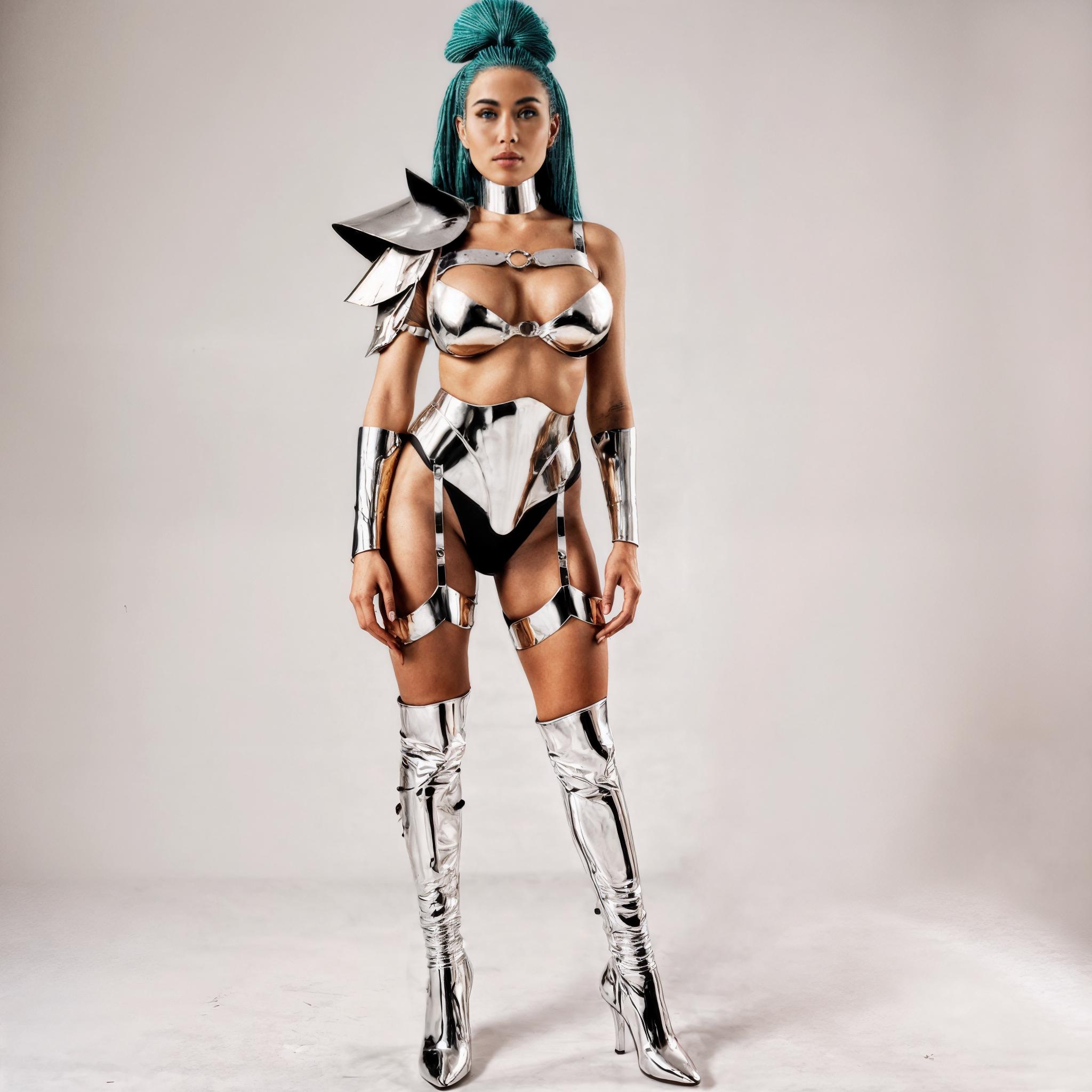 Futuristic Female Warrior Costume Set, Metallic Shoulder Top Bra Belt Garters Arms Covers, Silver Armor Outfit, Festival Burning man Wear