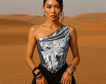 Puede incluir: Una mujer con un top plateado metálico de un solo hombro, una falda negra y pulseras doradas. Está de pie en un paisaje desértico.