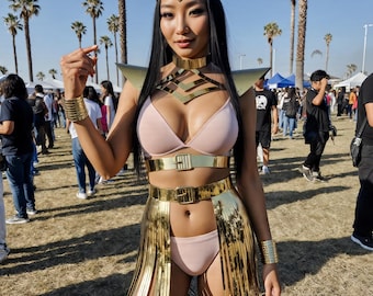 Goddess Rave Outfit - Fringe Skirt & Harness Top, Gold Metallic Festival Wear for Burning Man, EDM Party Look, Futuristic Cleopatra Cosplay
