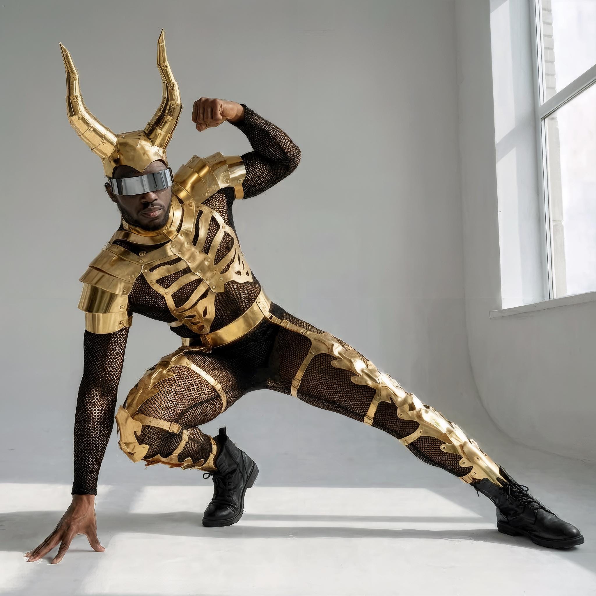Golden Horns Costume Set - Metallic Bodysuit with Horns and Leg Covers for Cosplay Parties Shows Carnivals Performances
