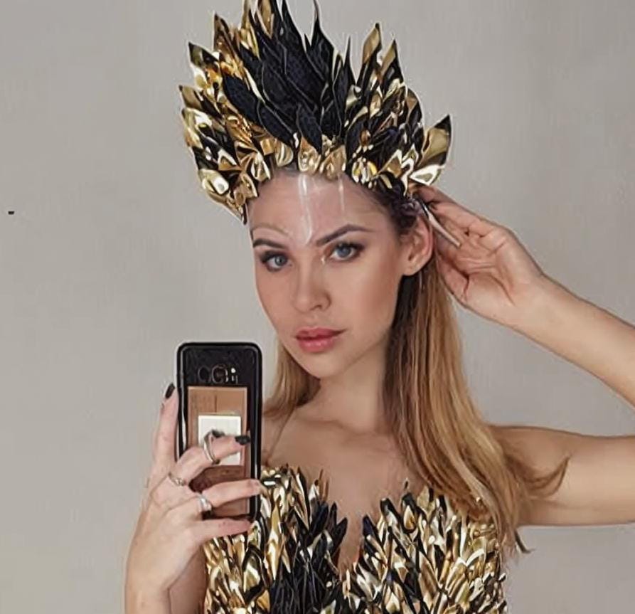 Festival Headpiece with Golden Feathers, Leather Crown Headdress, Stage Top & Skirt Costume Set - Rave Party Wear | Fashion Carnival Dress