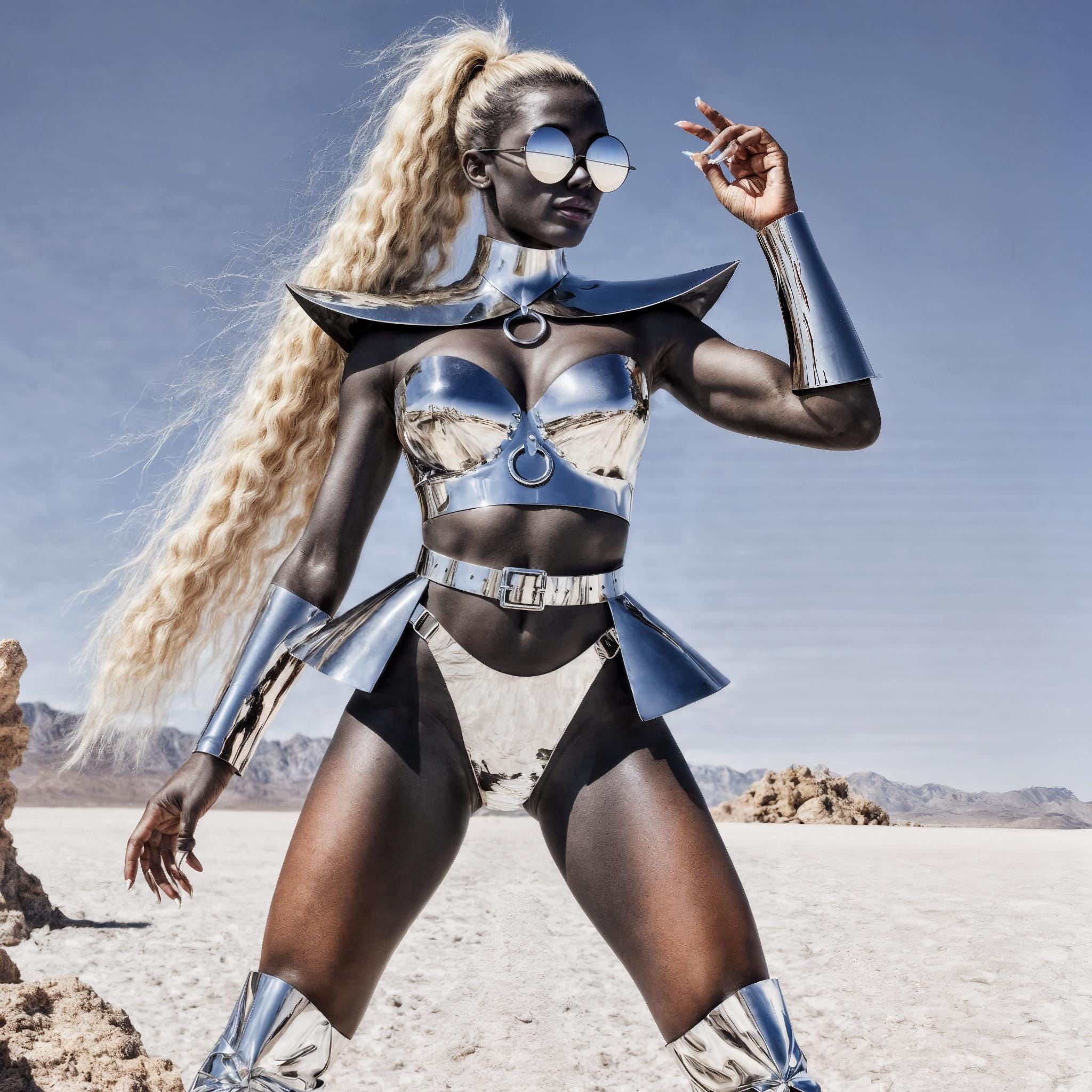 Futuristic Desert Outfit, Cosmic Costume, Festival Armor Wear, Burning man Clothing, Chrome Female Warrior, Cosplay Metallic Accessories